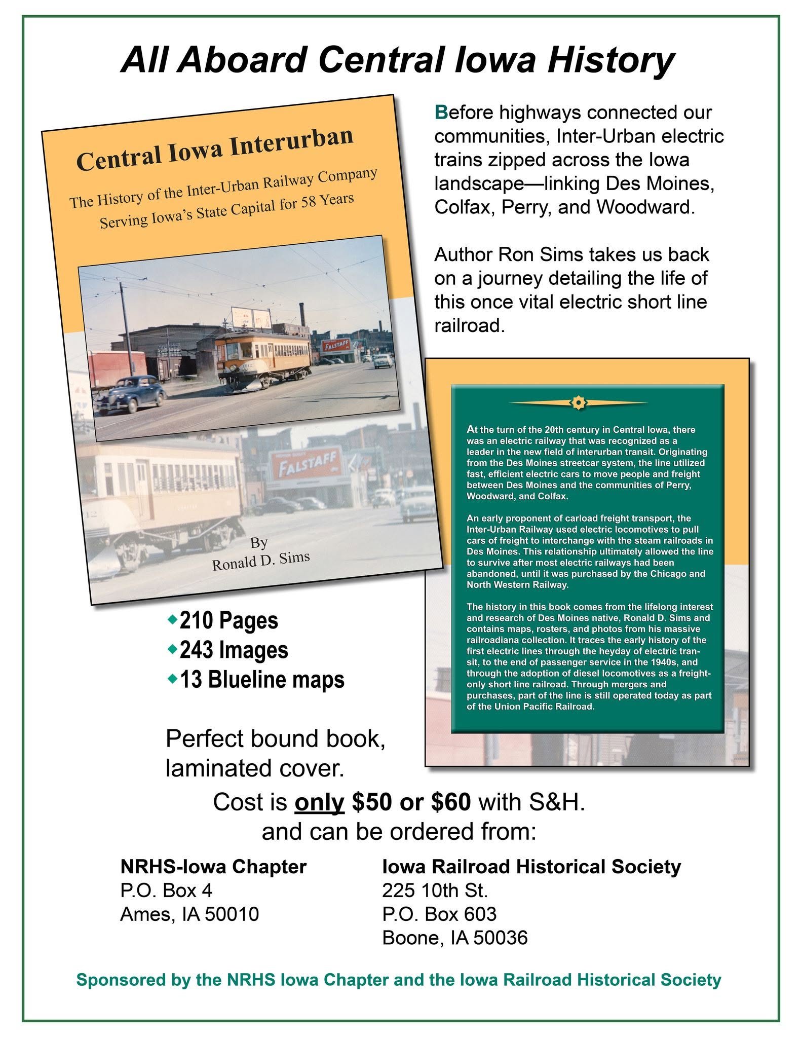 Flyer for Central Iowa Interurban by Ronald D. Sims, showing the book cover with an orange interurban car on a Des Moines street